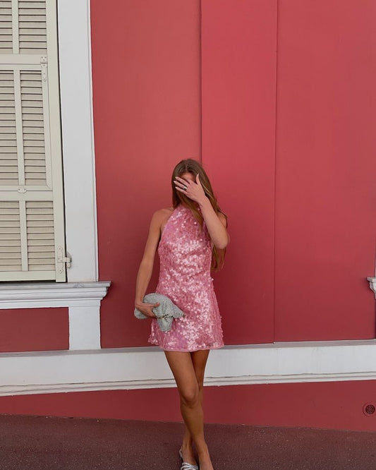 Pretty A Line High Neck Light Pink Sequin Formal Homecoming Dresses Short 21st Birthday Outfits Graduation Dress Mini Cocktail Dresses DH2390