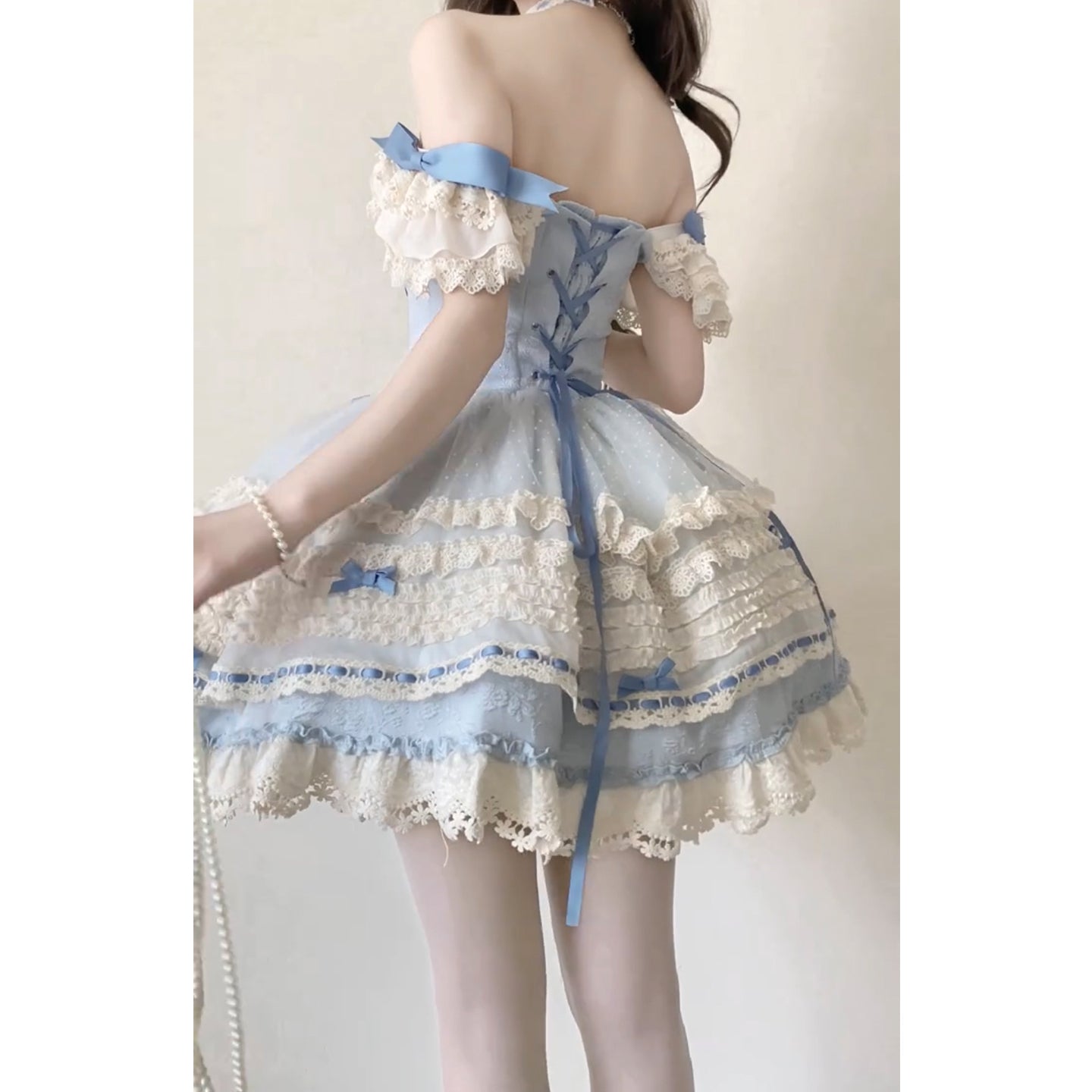 Vintage Ball Gown Square Neck Blue Lace Summer 16th Birthday Dress Lolita Dress Mini 18th Birthday Outfits Short Lolita Outfit DH2408
