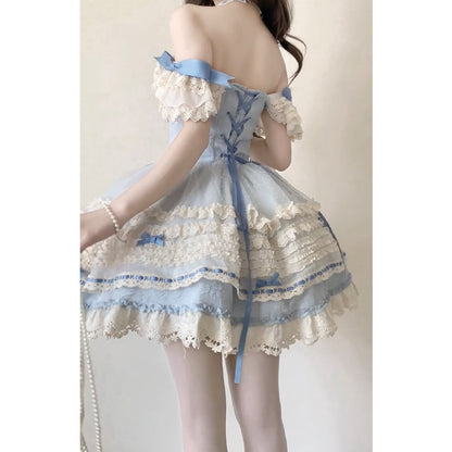 Vintage Ball Gown Square Neck Blue Lace Summer 16th Birthday Dress Lolita Dress Mini 18th Birthday Outfits Short Lolita Outfit DH2408