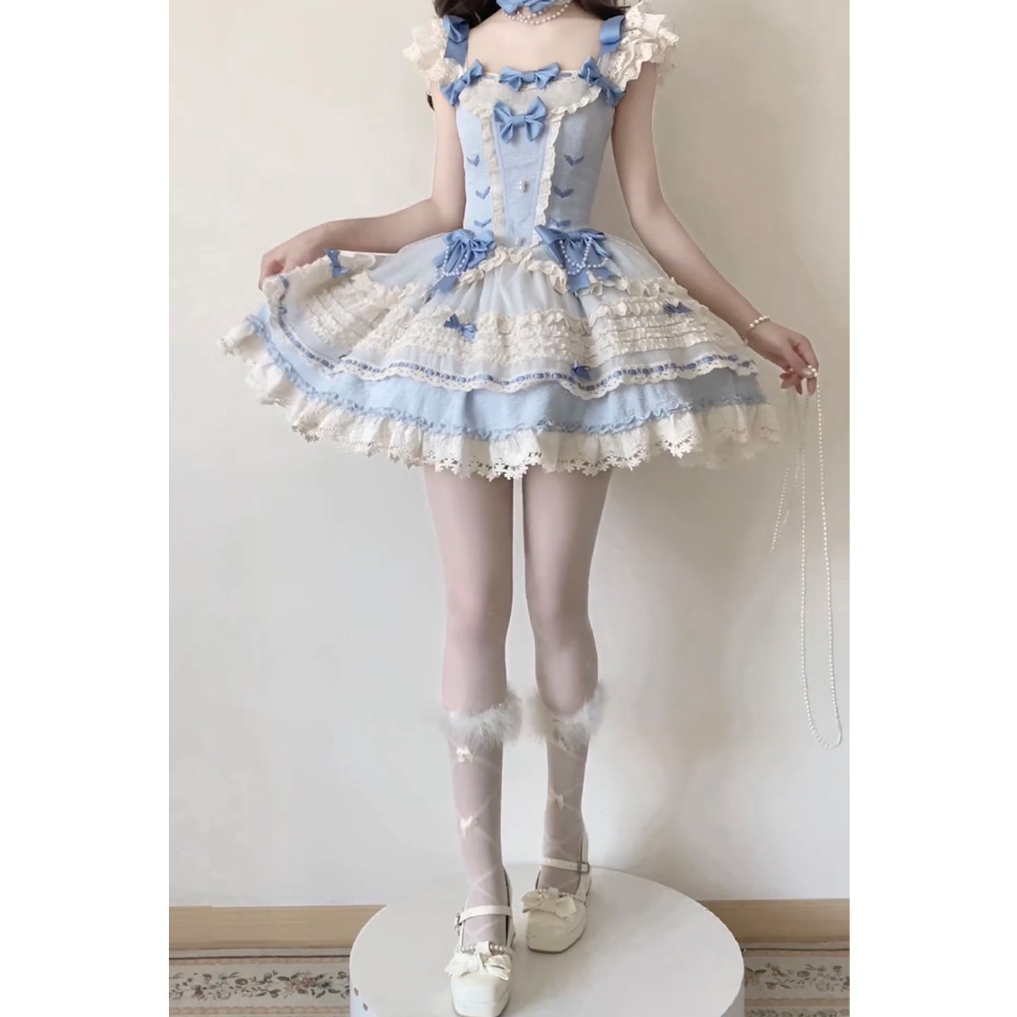 Vintage Ball Gown Square Neck Blue Lace Summer 16th Birthday Dress Lolita Dress Mini 18th Birthday Outfits Short Lolita Outfit DH2408