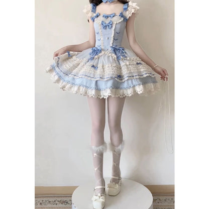 Vintage Ball Gown Square Neck Blue Lace Summer 16th Birthday Dress Lolita Dress Mini 18th Birthday Outfits Short Lolita Outfit DH2408