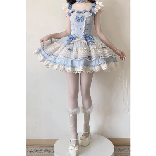 Vintage Ball Gown Square Neck Blue Lace Summer 16th Birthday Dress Lolita Dress Mini 18th Birthday Outfits Short Lolita Outfit DH2408