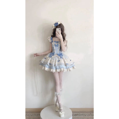 Vintage Ball Gown Square Neck Blue Lace Summer 16th Birthday Dress Lolita Dress Mini 18th Birthday Outfits Short Lolita Outfit DH2408