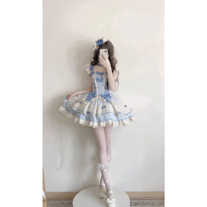 Vintage Ball Gown Square Neck Blue Lace Summer 16th Birthday Dress Lolita Dress Mini 18th Birthday Outfits Short Lolita Outfit DH2408