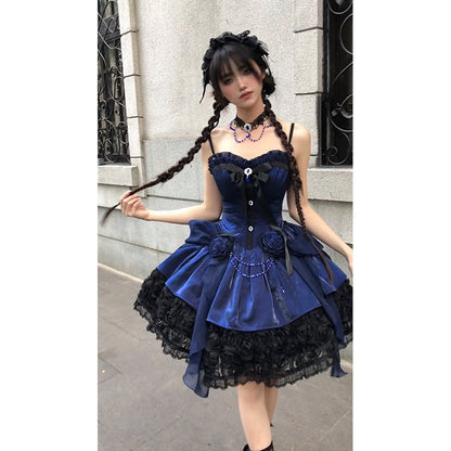 Vintage Ball Gown Spaghetti Straps Royal Blue Lace Summer 16th Birthday Dress Lolita Dress Mini 18th Birthday Outfits Short Lolita Outfit DH2412