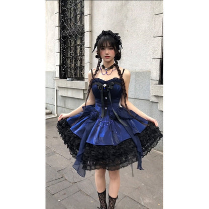 Vintage Ball Gown Spaghetti Straps Royal Blue Lace Summer 16th Birthday Dress Lolita Dress Mini 18th Birthday Outfits Short Lolita Outfit DH2412