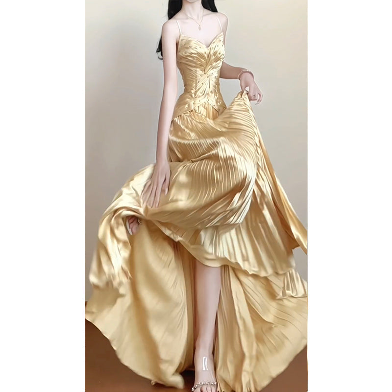 Vintage A line Spaghetti Straps Gold Satin Long Summer 18th Birthday Dress Party Dress Birthday Outfits Evening Dresses DH2414