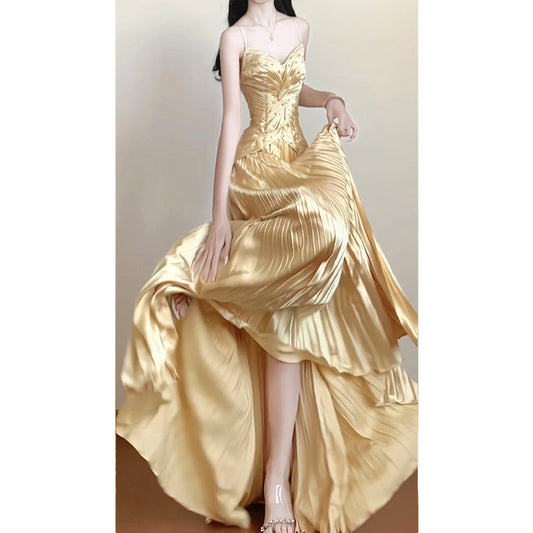 Vintage A line Spaghetti Straps Gold Satin Long Summer 18th Birthday Dress Party Dress Birthday Outfits Evening Dresses DH2414