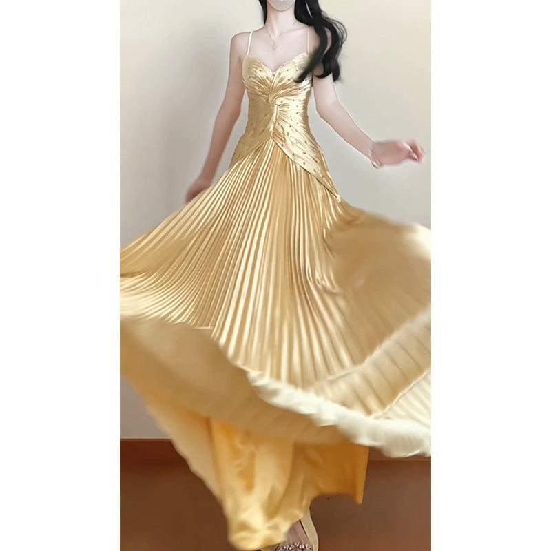Vintage A line Spaghetti Straps Gold Satin Long Summer 18th Birthday Dress Party Dress Birthday Outfits Evening Dresses DH2414