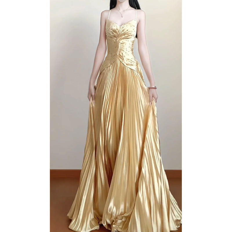 Vintage A line Spaghetti Straps Gold Satin Long Summer 18th Birthday Dress Party Dress Birthday Outfits Evening Dresses DH2414