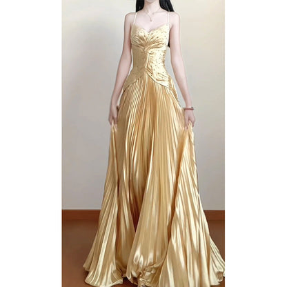 Vintage A line Spaghetti Straps Gold Satin Long Summer 18th Birthday Dress Party Dress Birthday Outfits Evening Dresses DH2414
