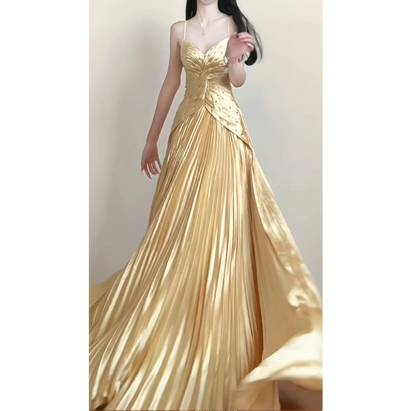 Vintage A line Spaghetti Straps Gold Satin Long Summer 18th Birthday Dress Party Dress Birthday Outfits Evening Dresses DH2414