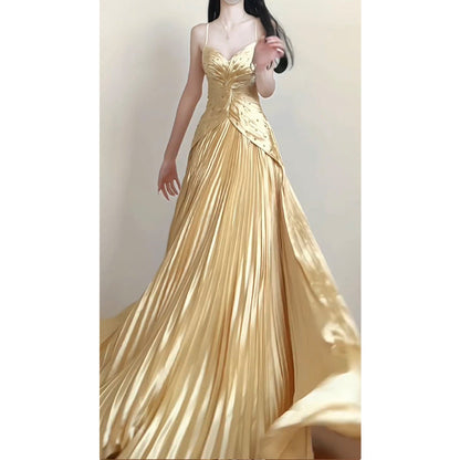 Vintage A line Spaghetti Straps Gold Satin Long Summer 18th Birthday Dress Party Dress Birthday Outfits Evening Dresses DH2414
