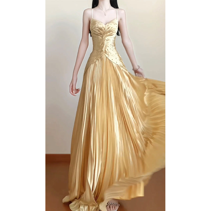 Vintage A line Spaghetti Straps Gold Satin Long Summer 18th Birthday Dress Party Dress Birthday Outfits Evening Dresses DH2414