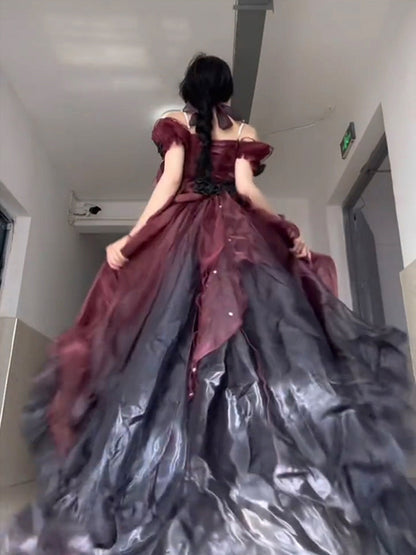 Vintage Ball Gown Off The Shoulder Half Sleeves 21st Birthday Dress Lolita Dress Burgundy Birthday Outfits DH2419