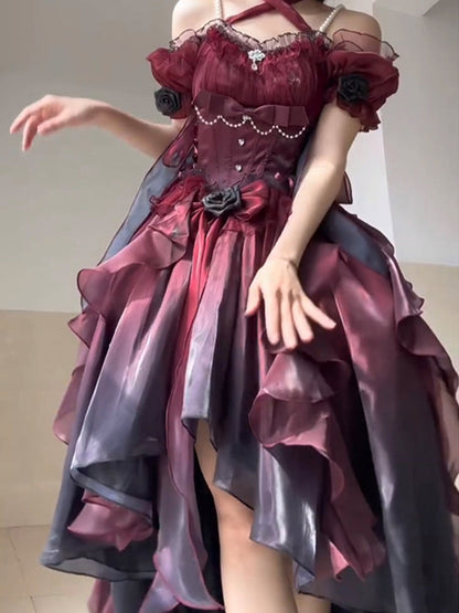 Vintage Ball Gown Off The Shoulder Half Sleeves 21st Birthday Dress Lolita Dress Burgundy Birthday Outfits DH2419