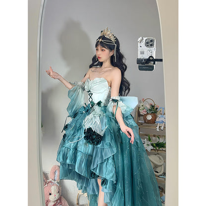 Vintage Ball Gown Spaghetti Straps Chiffon Green Summer 18th Birthday Dress High Low Ombre Pink Lolita Dress 18th Birthday Outfits DH2424