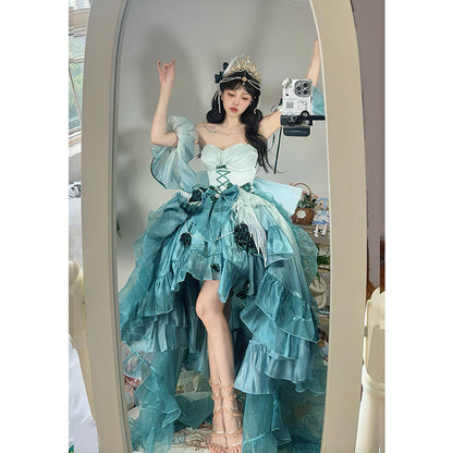 Vintage Ball Gown Spaghetti Straps Chiffon Green Summer 18th Birthday Dress High Low Ombre Pink Lolita Dress 18th Birthday Outfits DH2424