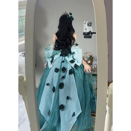 Vintage Ball Gown Spaghetti Straps Chiffon Green Summer 18th Birthday Dress High Low Ombre Pink Lolita Dress 18th Birthday Outfits DH2424