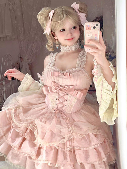 Vintage Ball Gown Square Neck Pink Lace Summer 18th Birthday Dress Lolita Dress Mini 18th Birthday Outfits Short Lolita Outfit DH2434