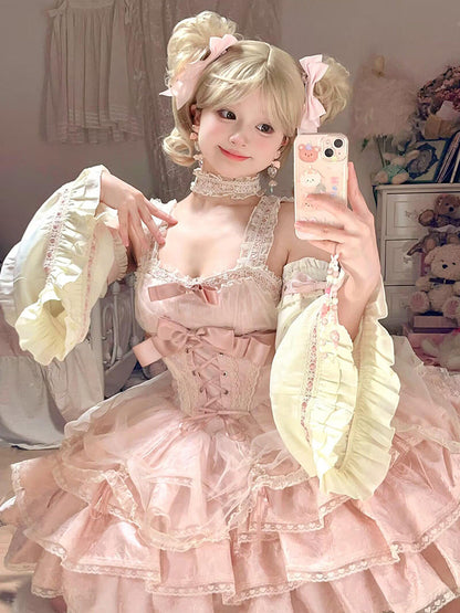 Vintage Ball Gown Square Neck Pink Lace Summer 18th Birthday Dress Lolita Dress Mini 18th Birthday Outfits Short Lolita Outfit DH2434