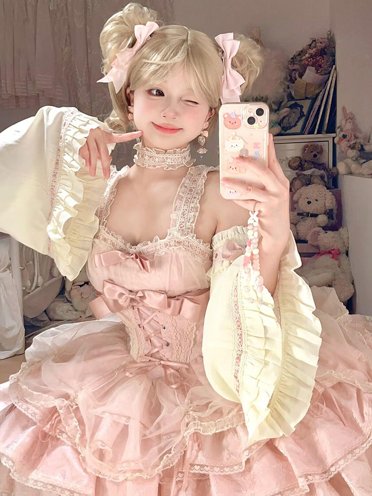 Vintage Ball Gown Square Neck Pink Lace Summer 18th Birthday Dress Lolita Dress Mini 18th Birthday Outfits Short Lolita Outfit DH2434