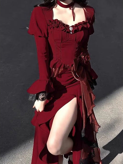 Vintage Mermaid Square Neck Burgundy Satin Long Summer 18th Birthday Dress Lolita Dress 18th Birthday Outfits Lolita Outfit DH2440