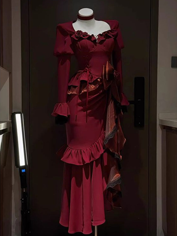 Vintage Mermaid Square Neck Burgundy Satin Long Summer 18th Birthday Dress Lolita Dress 18th Birthday Outfits Lolita Outfit DH2440