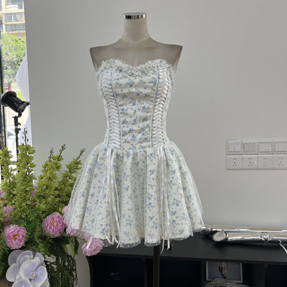 Modest A line Sweetheart Floral Blue Short Formal Homecoming Dress Middle School Short 18th Birthday Outfits Graduation Dress Cocktail Dresses DH2461