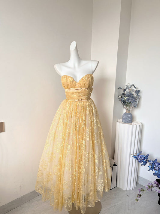 Pretty A Line Sweetheart Lace Yellow Formal Homecoming Dresses 21st Birthday Outfits Graduation Dress Cocktail Dresses DH2463