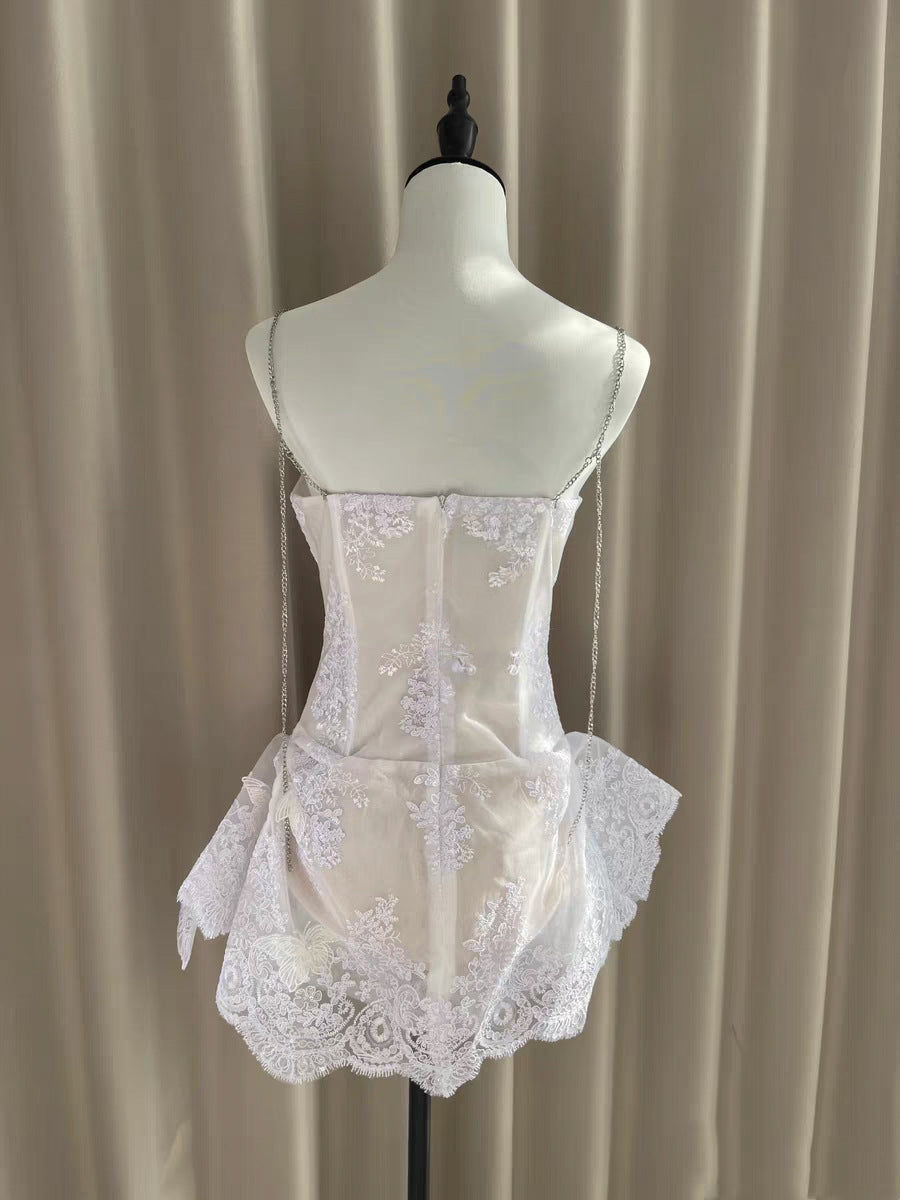 Pretty A line Spaghetti Straps White Lace Formal Homecoming Dresses Short 16th Birthday Outfits Graduation Dress Mini Cocktail Dresses DH2464