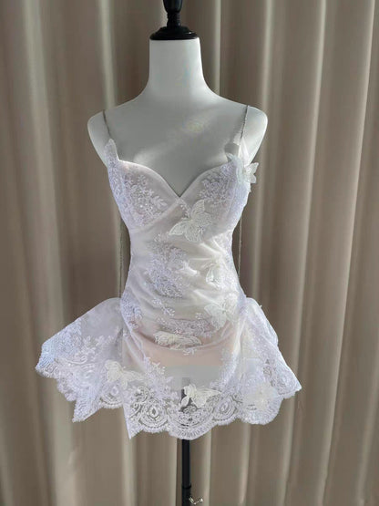 Pretty A line Spaghetti Straps White Lace Formal Homecoming Dresses Short 16th Birthday Outfits Graduation Dress Mini Cocktail Dresses DH2464