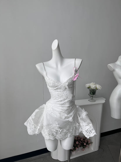 Pretty A line Spaghetti Straps White Lace Formal Homecoming Dresses Short 16th Birthday Outfits Graduation Dress Mini Cocktail Dresses DH2464