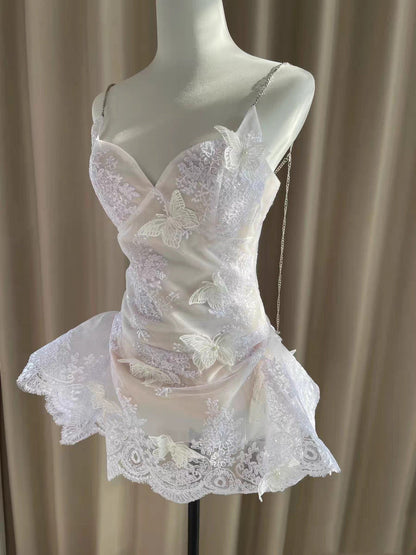 Pretty A line Spaghetti Straps White Lace Formal Homecoming Dresses Short 16th Birthday Outfits Graduation Dress Mini Cocktail Dresses DH2464