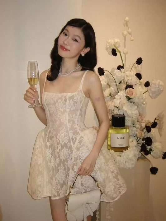 Pretty A line Square Neck White Lace Formal Homecoming Dresses Short 16th Birthday Outfits Graduation Dress Mini Cocktail Dresses DH2473