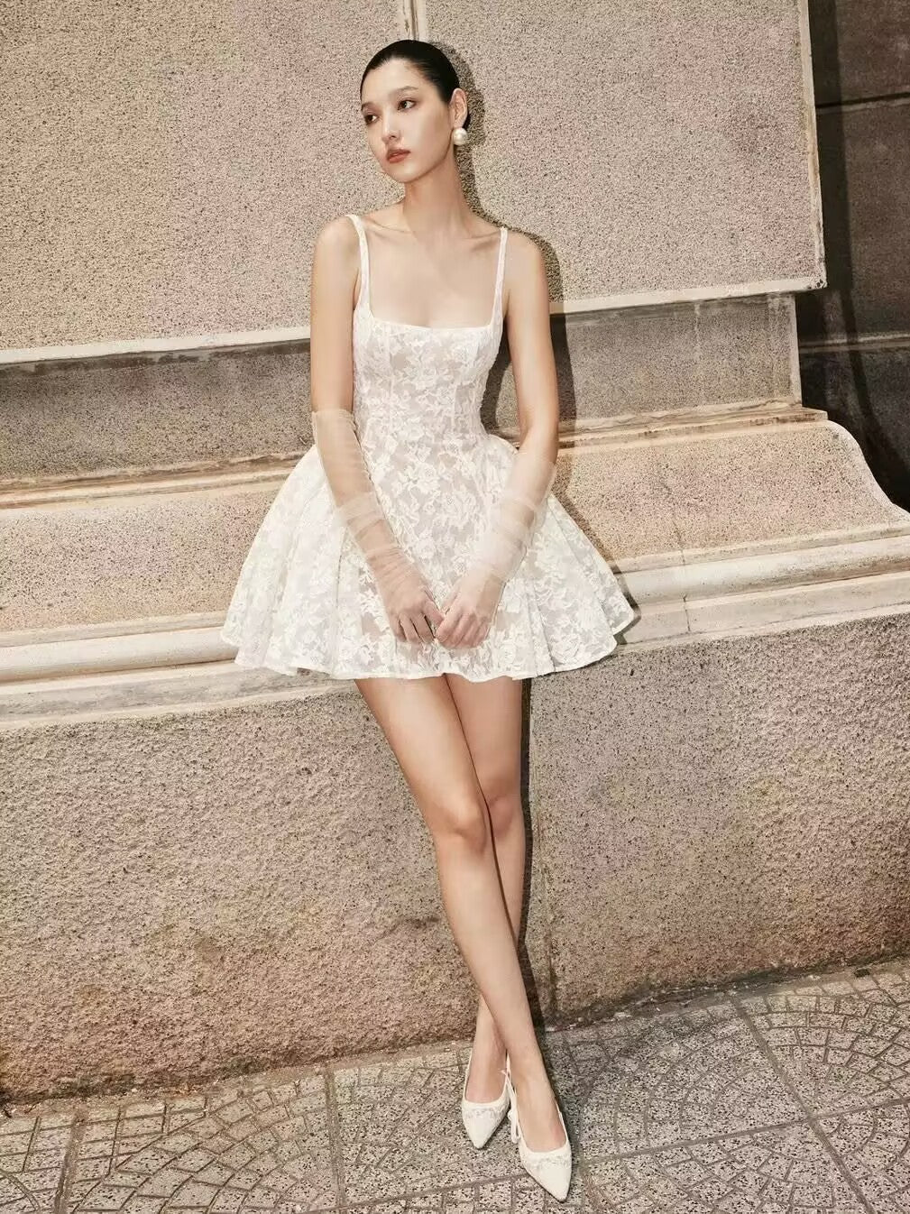 Pretty A line Square Neck White Lace Formal Homecoming Dresses Short 16th Birthday Outfits Graduation Dress Mini Cocktail Dresses DH2473