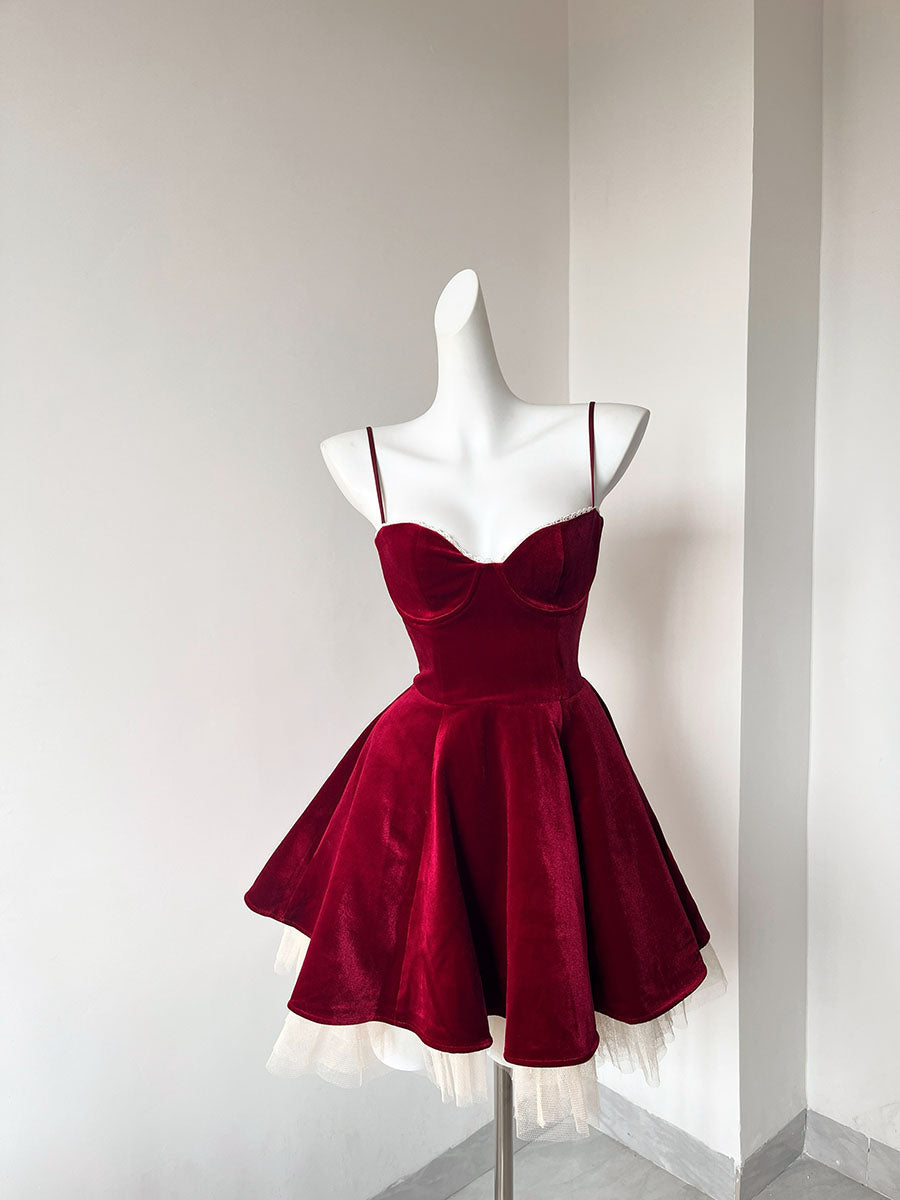 Pretty A line Spaghetti Straps Velvet Formal Homecoming Dresses Short 16th Birthday Outfits Graduation Dress Mini Cocktail Dresses DH2476