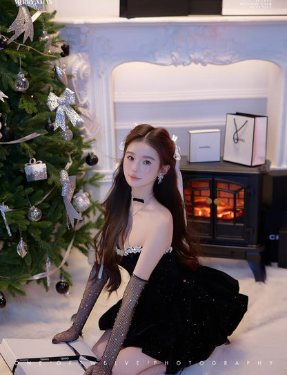 Pretty Ball Gown Sweetheart Black Velvet Formal Homecoming Dresses 21st Birthday Outfits Graduation Dress Short Mini Cocktail Dresses DH2477