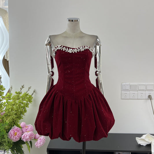 Pretty Ball Gown Sweetheart Red Velvet Formal Homecoming Dresses 21st Birthday Outfits Graduation Dress Short Mini Cocktail Dresses DH2478