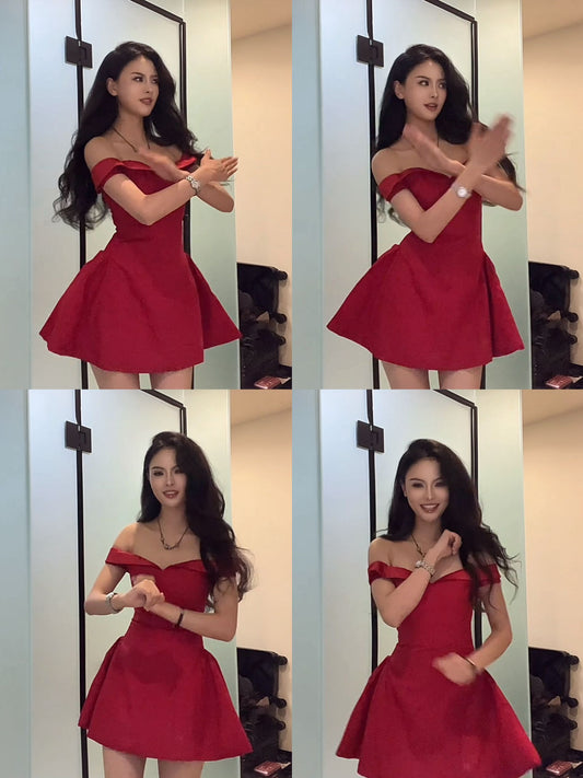 Modest A line Off The Shoulder Red Short Formal Homecoming Dress Short 20th Birthday Outfits Graduation Dress Cocktail Dresses DH2483