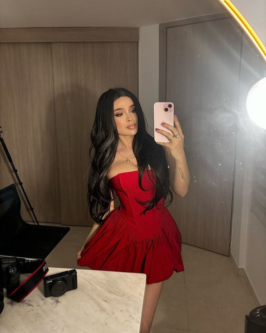 Pretty Ball Gown Strapless Red Satin Formal Homecoming Dresses Short 16th Birthday Outfits Graduation Dress Mini Cocktail Dresses DH2489