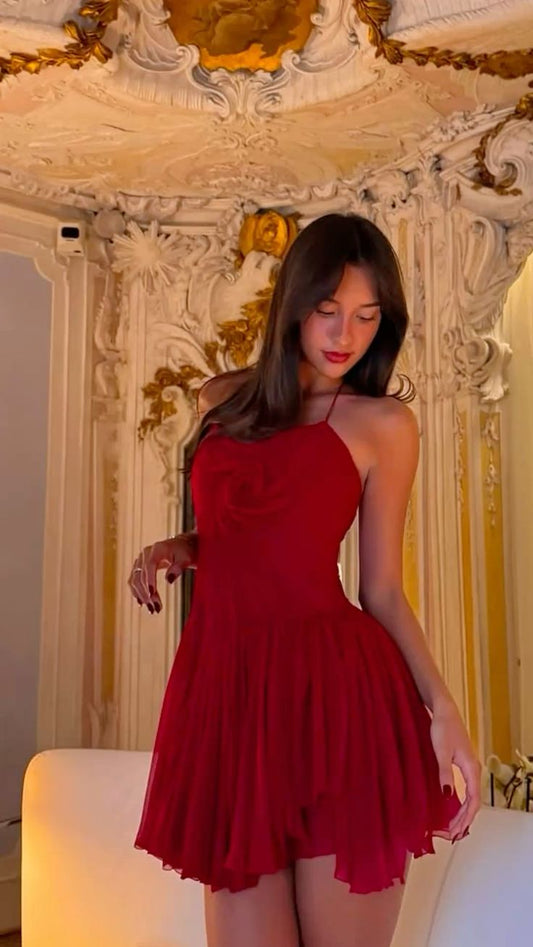 Pretty A line Halter Chiffon Red Formal Homecoming Dresses 21st Birthday Outfits Graduation Dress Short Mini Cocktail Dresses DH2491