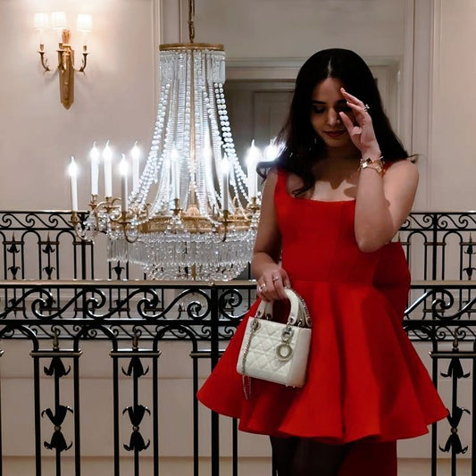 Pretty Ball Gown Square Neck Red Satin Formal Homecoming Dresses Short 16th Birthday Outfits Graduation Dress Mini Cocktail Dresses DH2494