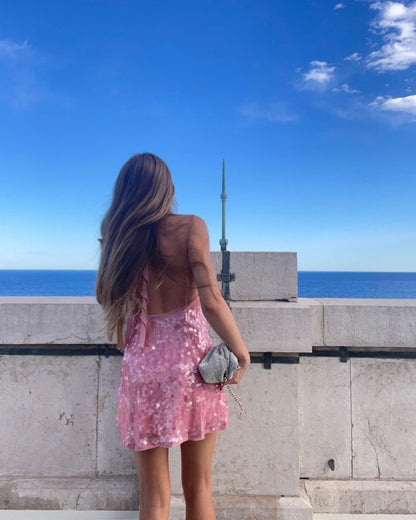 Pretty A Line Halter Pink Sequin Formal Homecoming Dresses 18th Birthday Outfits Graduation Dress Short Mini Hoco Dresses DH2509