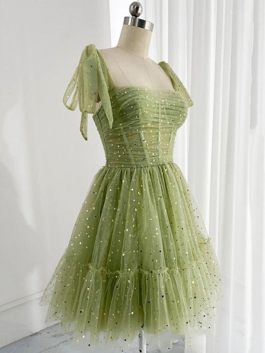 Trendy A line Straps Sage Green Tulle Mini Short Formal 8th Grade Homecoming Dresses Summer Middle School Hoco Dress Homecoming Outfits DH251