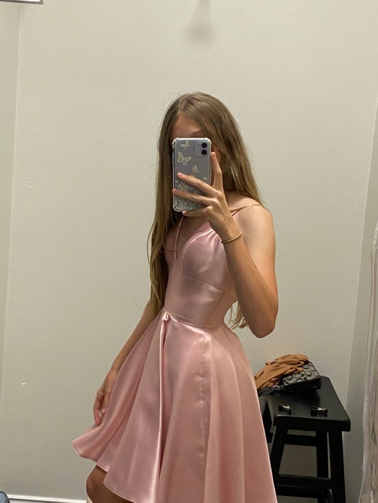 Pretty A Line Spaghetti Straps Pink Satin Formal Homecoming Dresses Short 16th Birthday Outfits Graduation Dress Mini Hoco Dresses DH2516