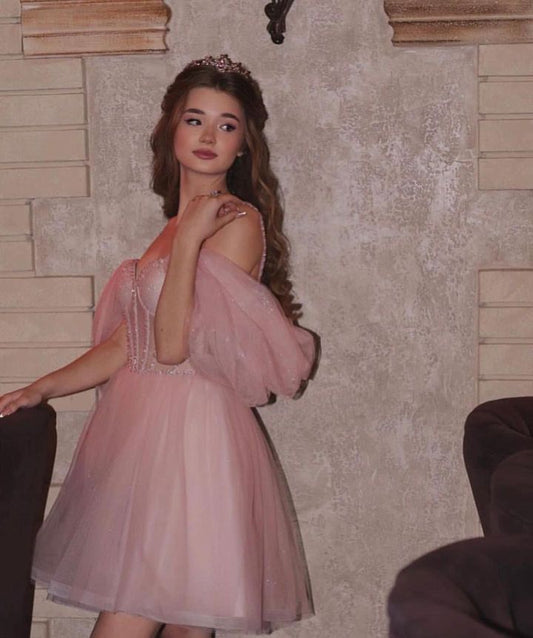 Pretty Ball Gown Spaghetti Straps Tulle Pink Formal Homecoming Dresses Short 16th Birthday Outfits Graduation Dress Mini Hoco Dresses DH2520