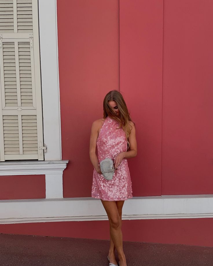 Modest A Line High Neck Pink Sequin Formal Homecoming Dresses 18th Birthday Outfits Graduation Dress Short Mini Hoco Dresses DH2522