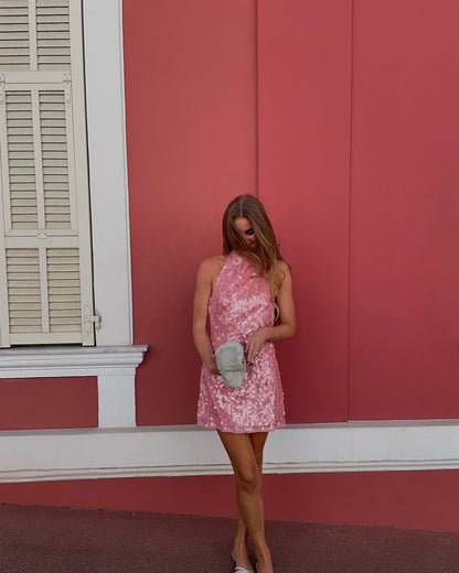 Modest A Line High Neck Pink Sequin Formal Homecoming Dresses 18th Birthday Outfits Graduation Dress Short Mini Hoco Dresses DH2522