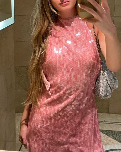 Modest A Line High Neck Pink Sequin Formal Homecoming Dresses 18th Birthday Outfits Graduation Dress Short Mini Hoco Dresses DH2522